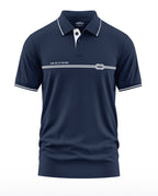 Navy blue men's polo t-shirt with white trim and rope graphic, 'Take Me To The Sea' text