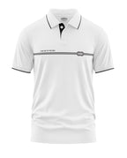 White men's polo t-shirt with black collar trim and 'Take Me To The Sea' rope design