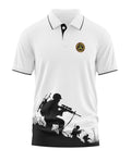 White polo t-shirt with black soldier silhouette print and military badge on chest
