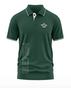 Army green men's polo t-shirt with SE7EN print and white emblem on chest