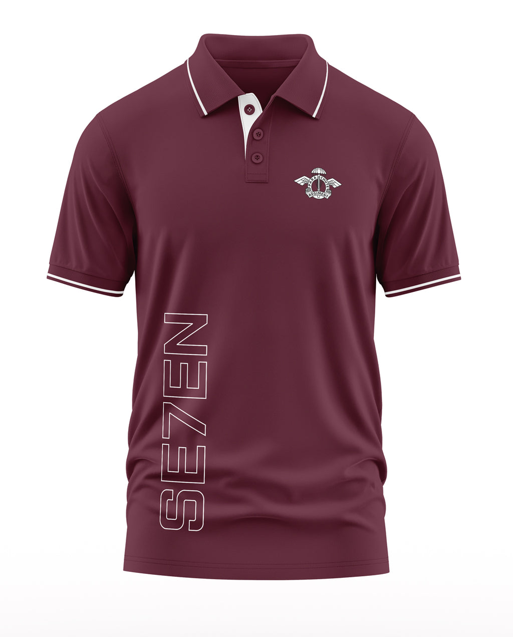 Maroon men's polo t-shirt with white collar trim, SE7EN text, and winged badge on chest