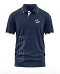 Navy blue men's polo t-shirt with white trim, SE7EN text, and military-inspired chest logo.