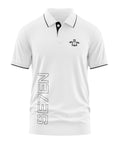 White men's polo t-shirt with black trim, chest emblem, and SE7EN text on the side