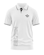 White men's polo t-shirt with black trim, chest emblem, and SE7EN text on the side