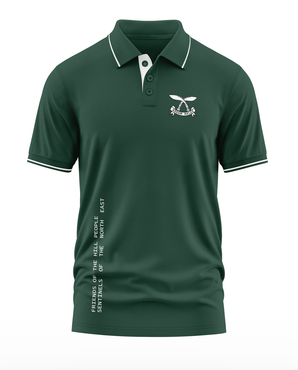 Dark green men's polo t-shirt with Assam Rifles logo and white trim, army-inspired design