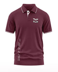 Maroon men's polo t-shirt with Assam Rifles logo, white piping, short sleeves, and printed text on lower front.