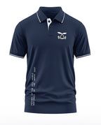 Navy blue men's polo T-shirt with white piping, military insignia and text graphic, short sleeves