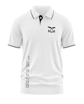 White men's polo t-shirt with black collar trim and Assam Rifles logo on the chest.