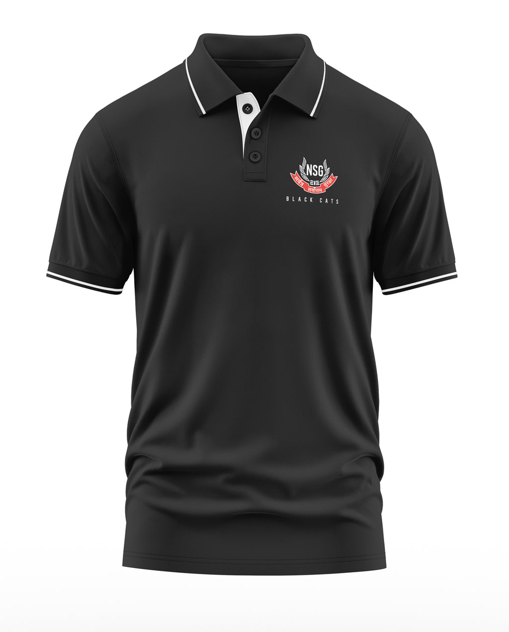 Black polo t-shirt with white trim, NSG Black Cats logo on chest, men's fashion