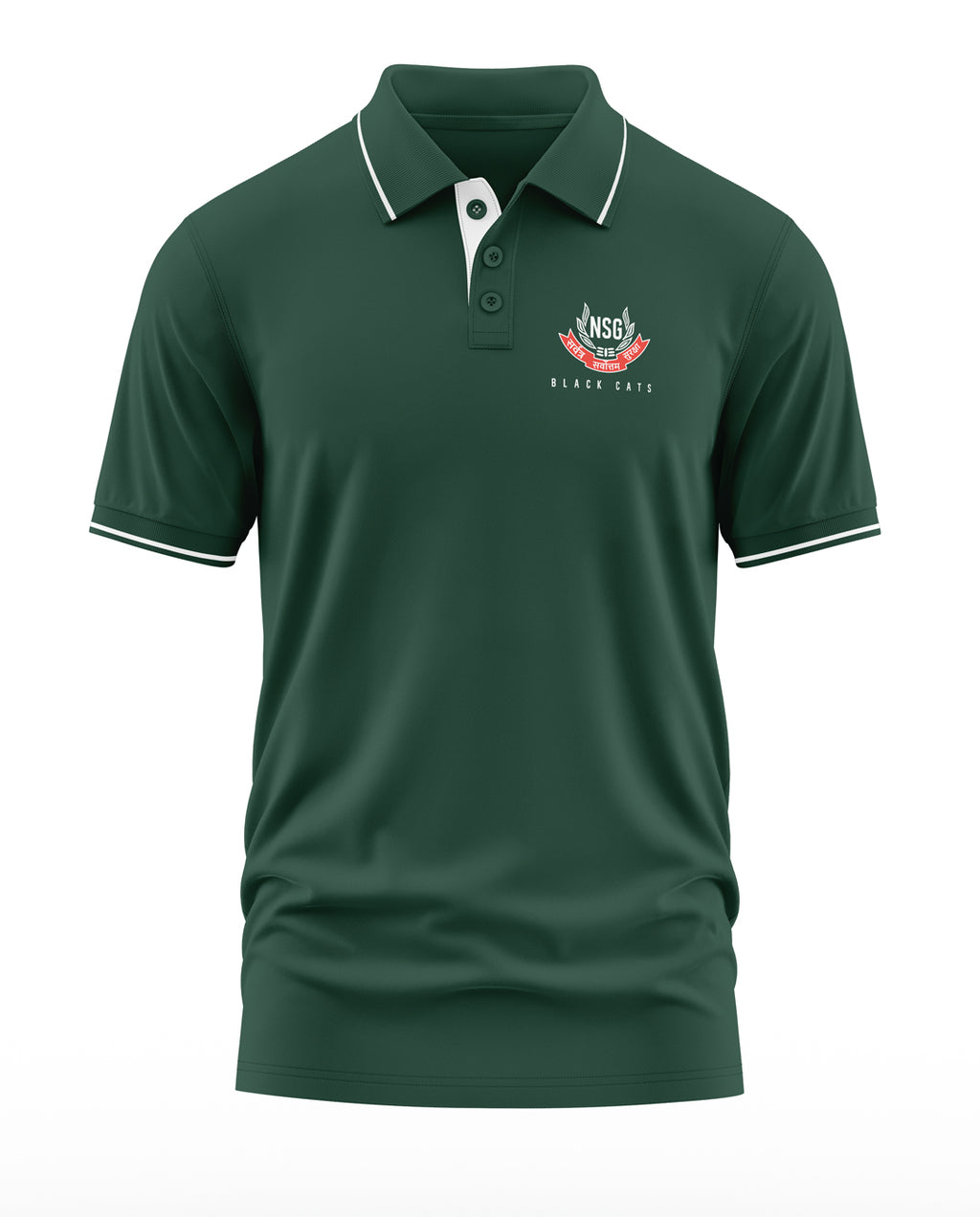 Green men's polo t-shirt with white trim, NSG Black Cats chest logo, and button collar.