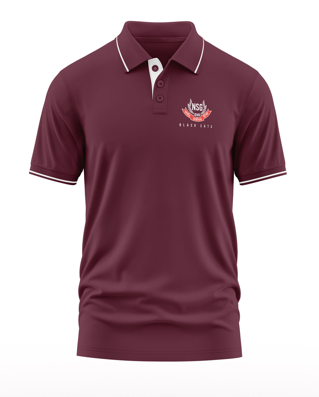 Maroon men's polo t-shirt with NSG Black Cats logo, short sleeves, army-inspired design