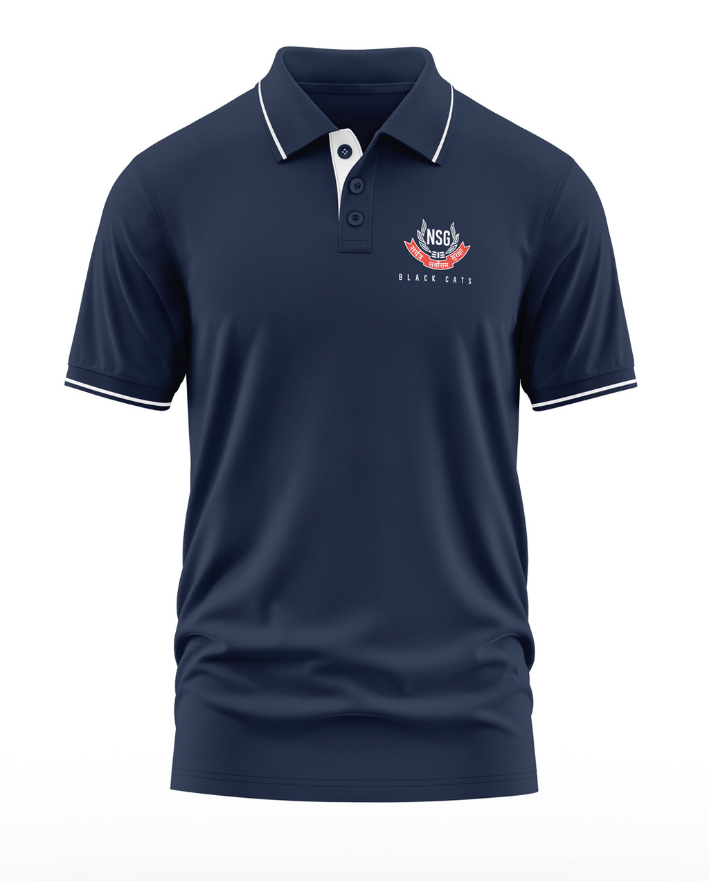 Navy blue men's polo t-shirt with NSG Black Cats logo and white trim details