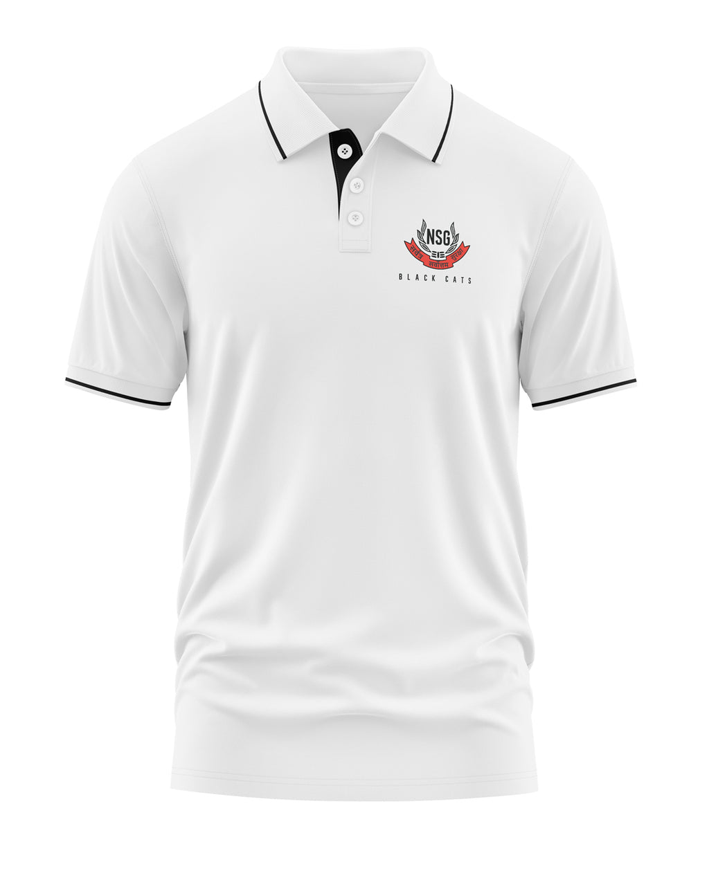 White men's polo t-shirt with NSG Black Cats logo, short sleeves, and black trim detailing.