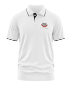 White men's polo t-shirt with NSG Black Cats logo, short sleeves, and black trim detailing.