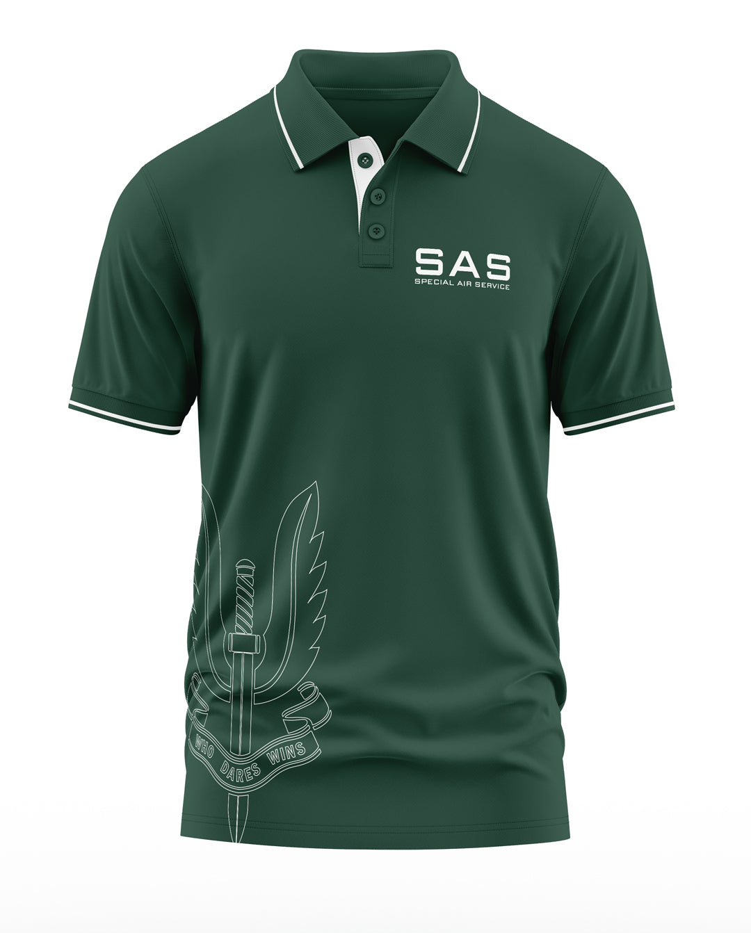 Green polo t-shirt for men with SAS Special Air Service logo and military insignia design