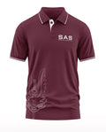 Maroon polo t-shirt with SAS Special Air Service logo and white winged dagger graphic