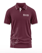 Maroon polo t-shirt with SAS Special Air Service logo and white winged dagger graphic