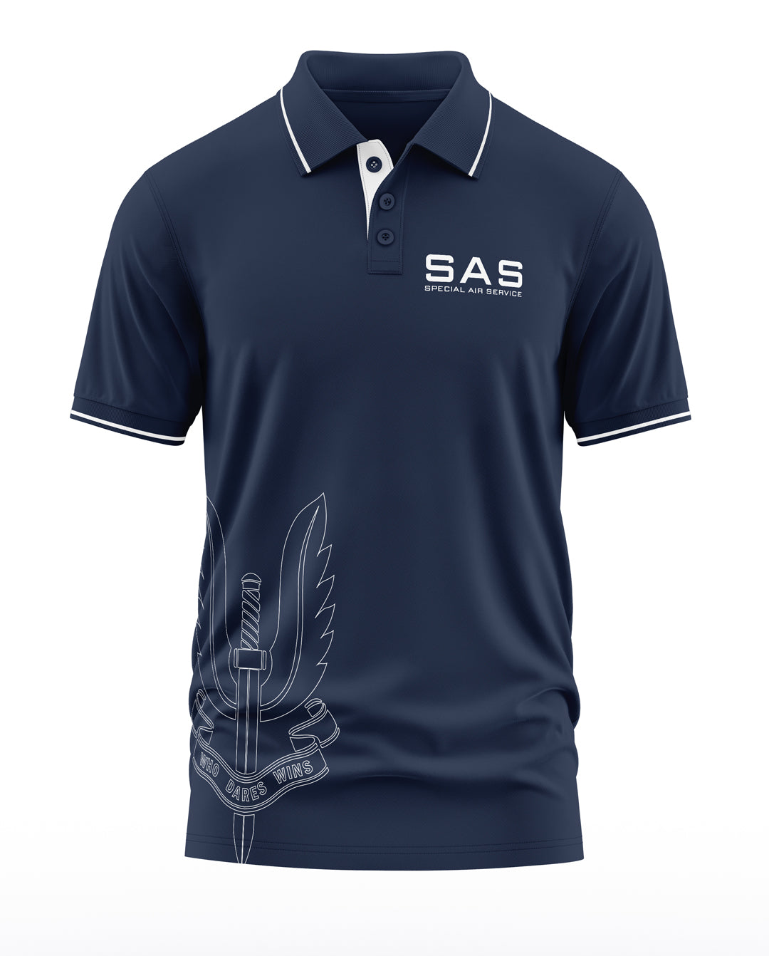 Men's navy blue polo t-shirt with SAS Special Air Service logo and sword wing graphic