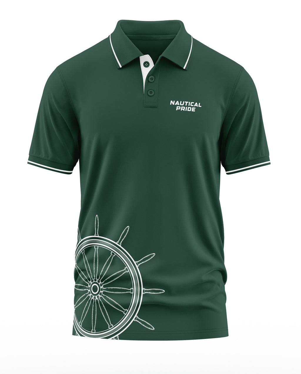 Green men's polo t-shirt with 'Nautical Pride' text and ship wheel graphic, short sleeves