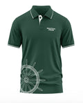 Green men's polo t-shirt with 'Nautical Pride' text and ship wheel graphic, short sleeves