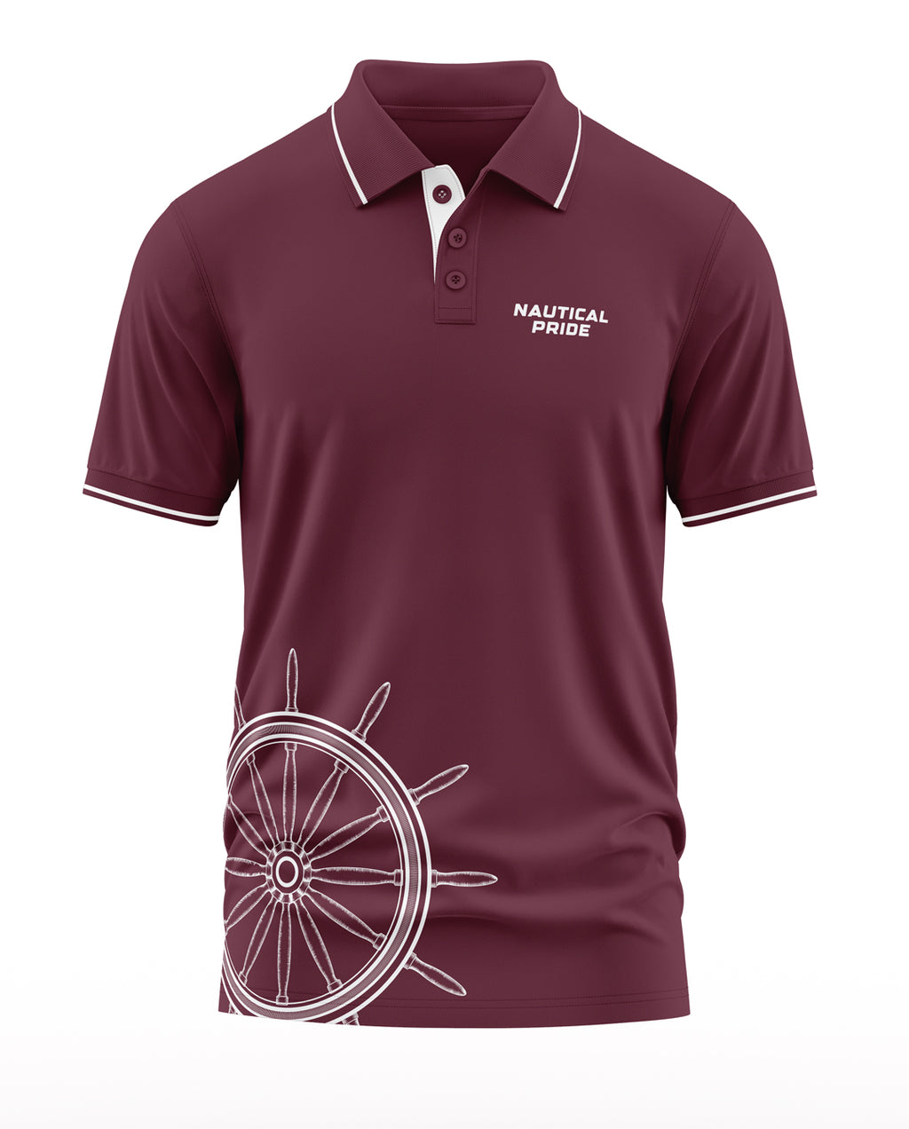 Maroon men's polo t-shirt with nautical wheel graphic and 'Nautical Pride' text on chest