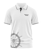White men's polo T-shirt with 'Nautical Pride' text and ship wheel graphic on the lower side