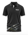 Black polo t-shirt with Defence logo, missile graphic, military-inspired men's fashion