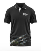 Black polo t-shirt with Defence logo, missile graphic, military-inspired men's fashion