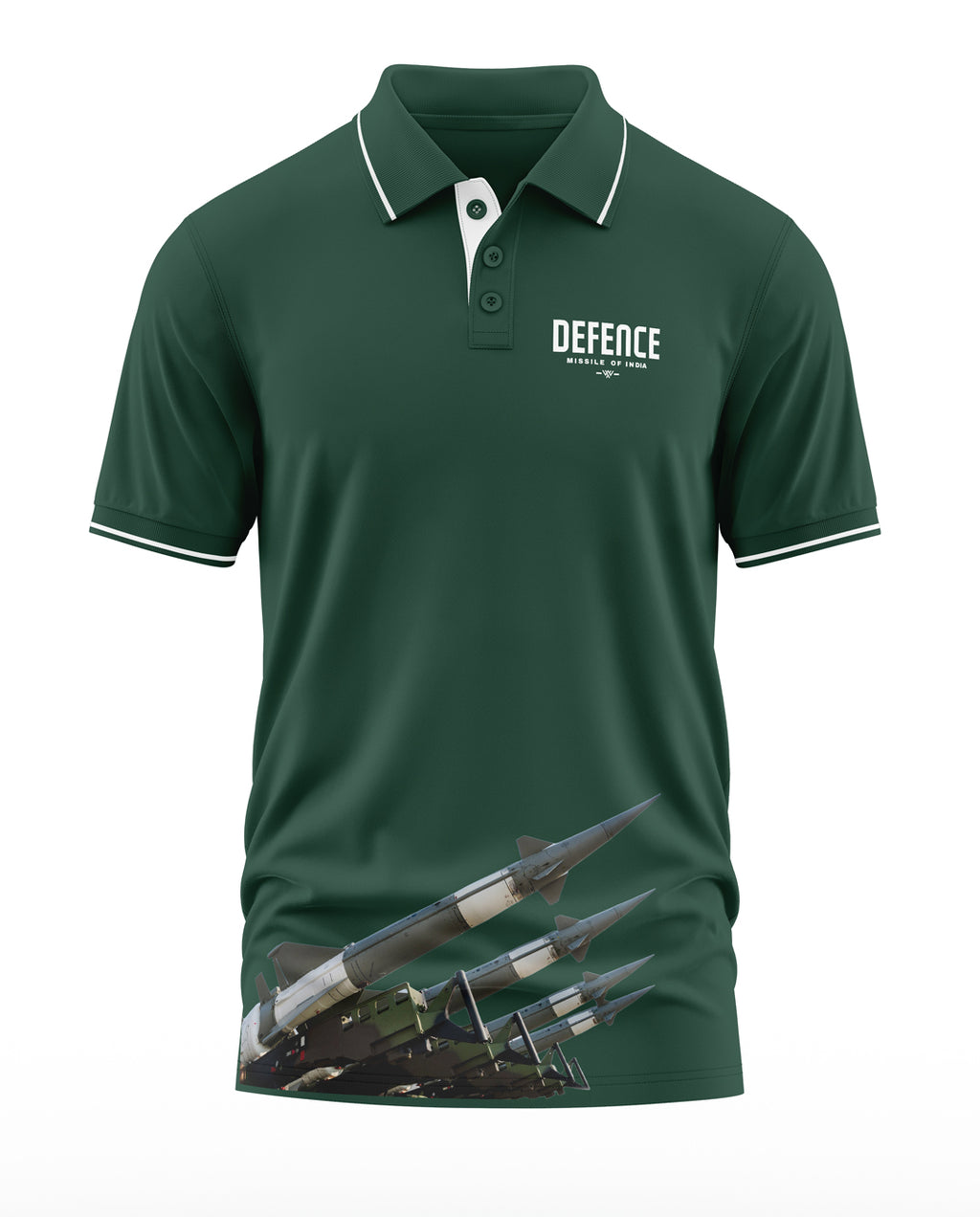 Green men's polo t-shirt with Defence Missile of India logo and missile graphic print
