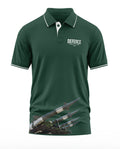 Green men's polo t-shirt with Defence Missile of India logo and missile graphic print