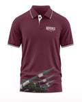 Maroon men's polo t-shirt with 'Defence' text and missile graphic, military-inspired design