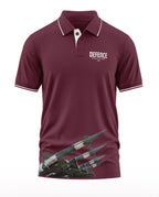 Maroon men's polo t-shirt with 'Defence' text and missile graphic, military-inspired design