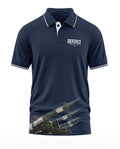 Navy blue men's polo t-shirt with missile graphic and 'Defence Missile of India' text print