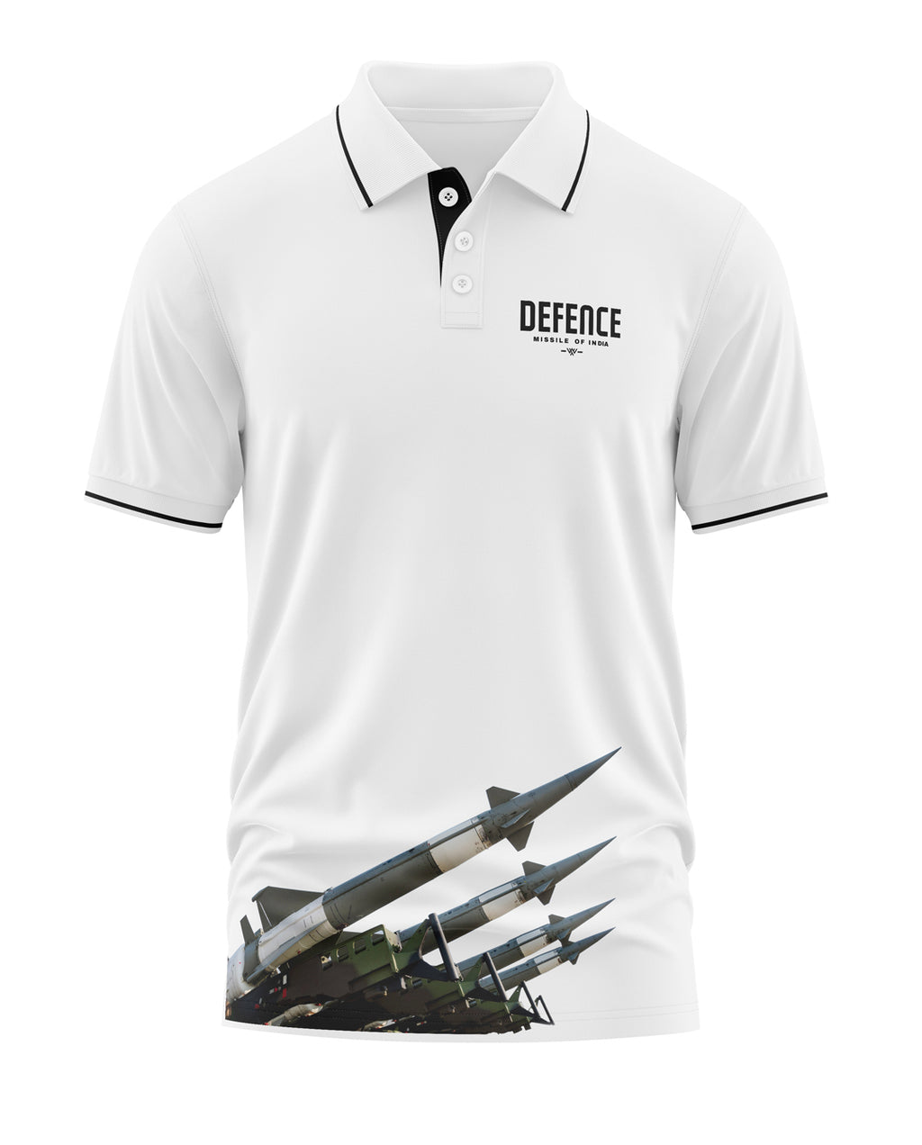 White men's polo t-shirt with Defence Missile of India print and missile graphic at hem