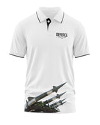 White men's polo t-shirt with Defence Missile of India print and missile graphic at hem