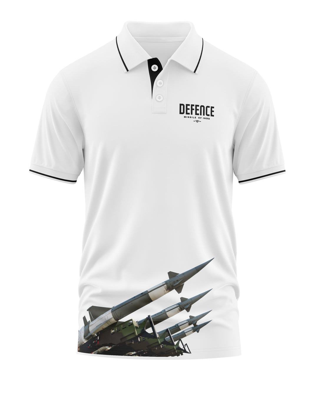 White men's polo t-shirt with Defence Missile of India print and missile graphic at hem
