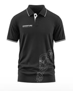 Black men's adventure polo t-shirt with white collar trim and climber carabiner graphic print