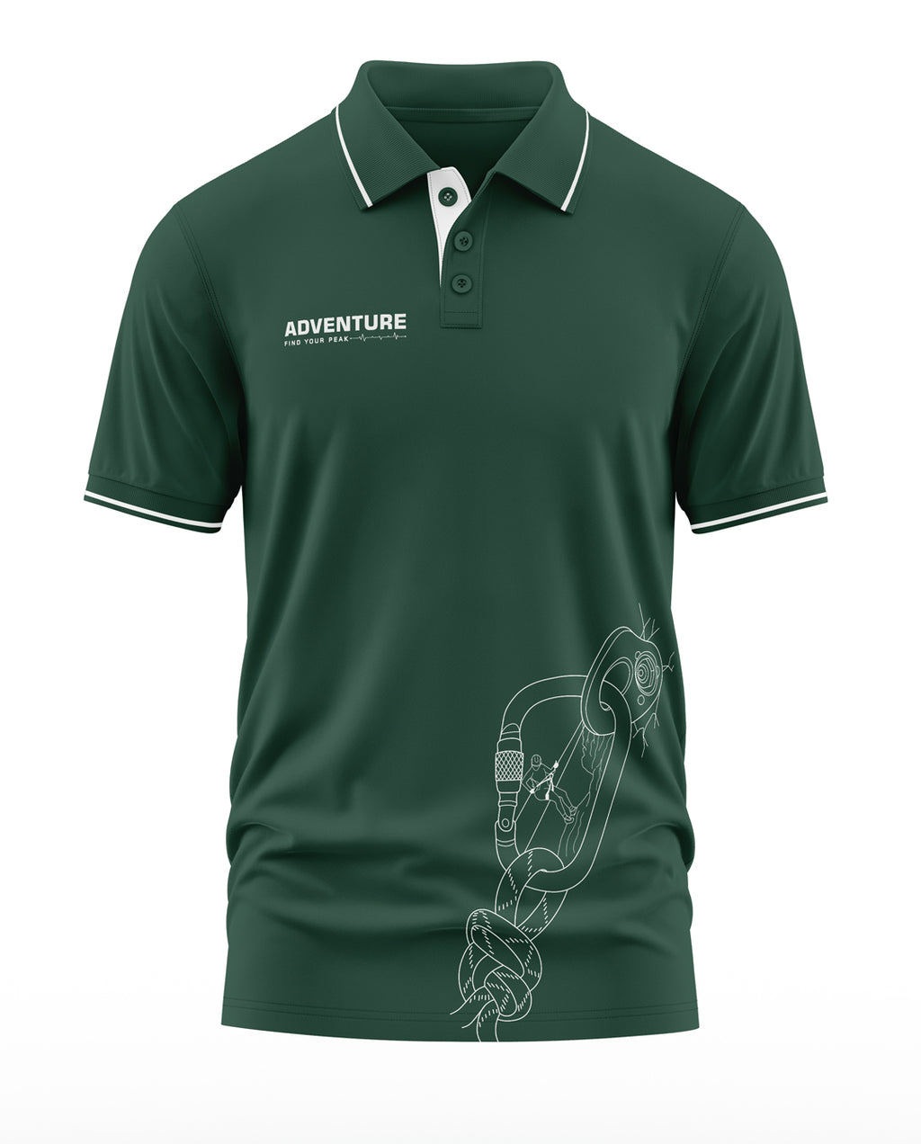 Green men's polo t-shirt with white piping, adventure logo, and carabiner graphic print