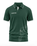 Green men's polo t-shirt with white piping, adventure logo, and carabiner graphic print