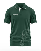 Green men's polo t-shirt with white piping, adventure logo, and carabiner graphic print