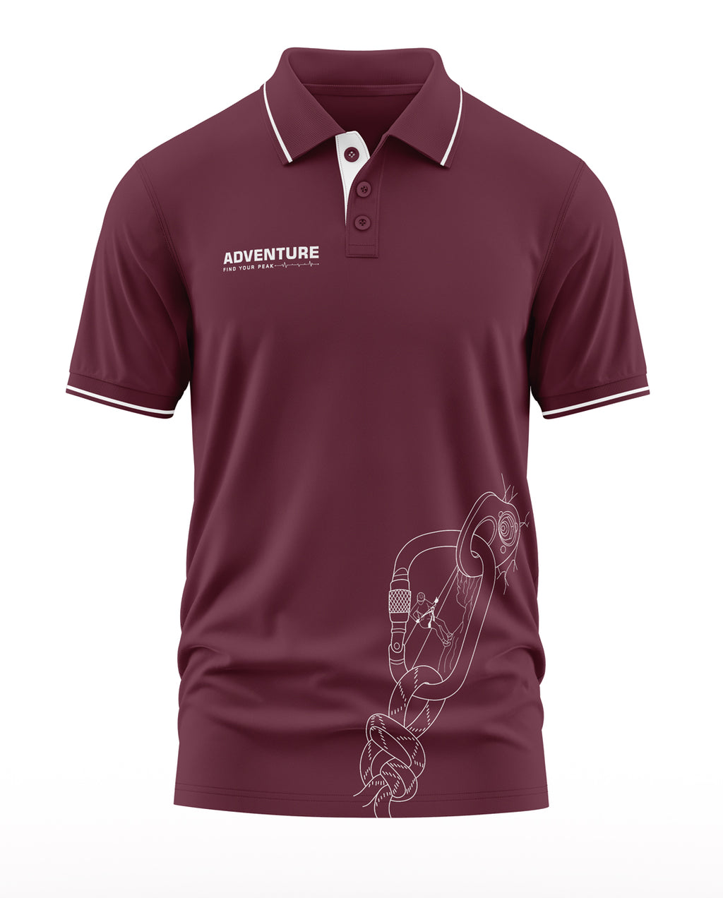 Maroon men's polo t-shirt with white collar trim, adventure print, and carabiner graphic design
