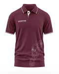 Maroon men's polo t-shirt with white collar trim, adventure print, and carabiner graphic design
