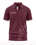 Maroon men's polo t-shirt with white collar trim, adventure print, and carabiner graphic design