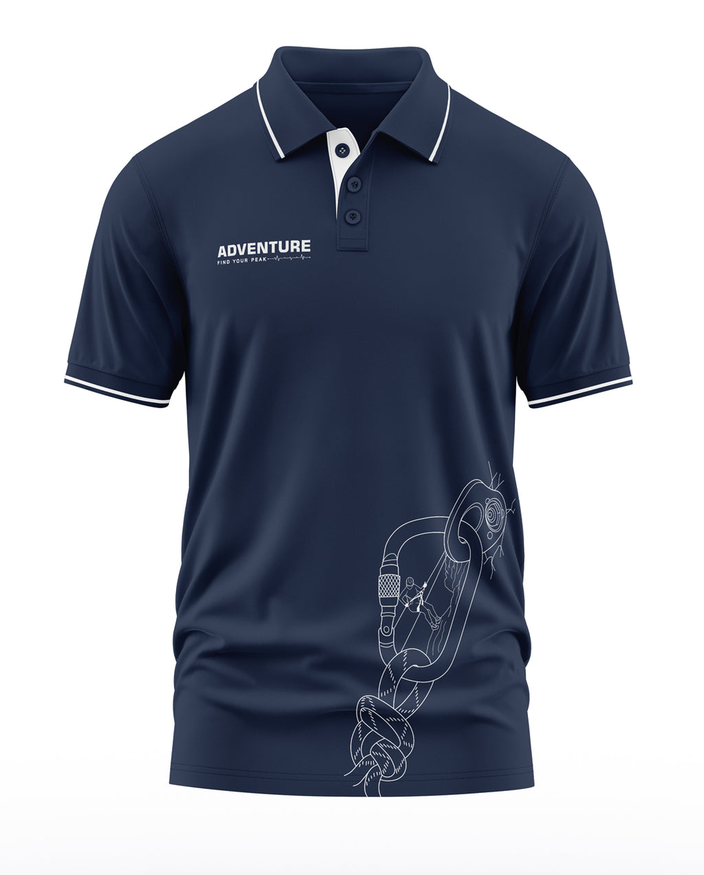 Navy blue men's polo t-shirt with adventure text, white collar trim, and carabiner graphic print.