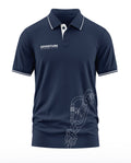 Navy blue men's polo t-shirt with adventure text, white collar trim, and carabiner graphic print.