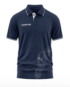 Navy blue men's polo t-shirt with adventure text, white collar trim, and carabiner graphic print.