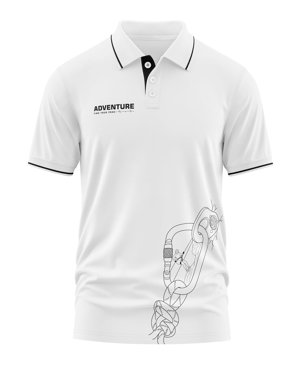 White men's polo t-shirt with 'Adventure' text and climbing carabiner graphic design