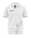 White men's polo t-shirt with 'Adventure' text and climbing carabiner graphic design