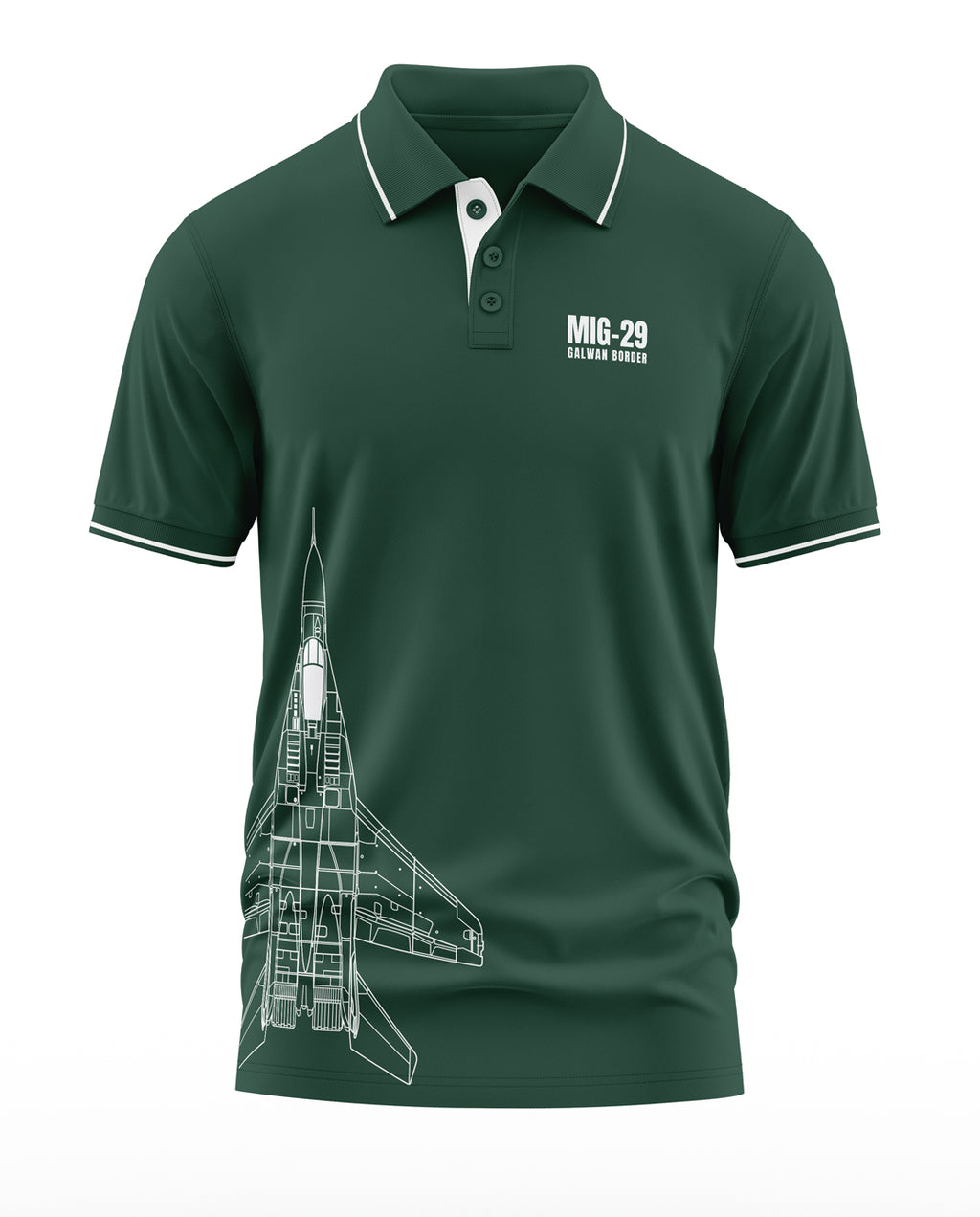 Green polo t-shirt with MIG-29 Galwan Border print and fighter jet graphic, men's army fashion