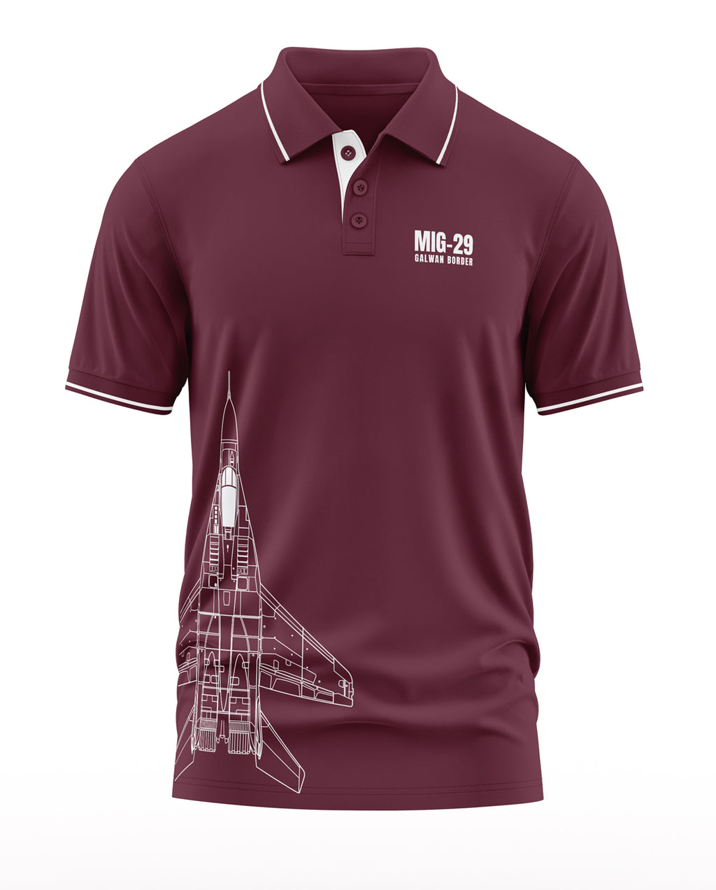 Maroon men's polo t-shirt with MIG-29 Galwan Border text and aircraft graphic print